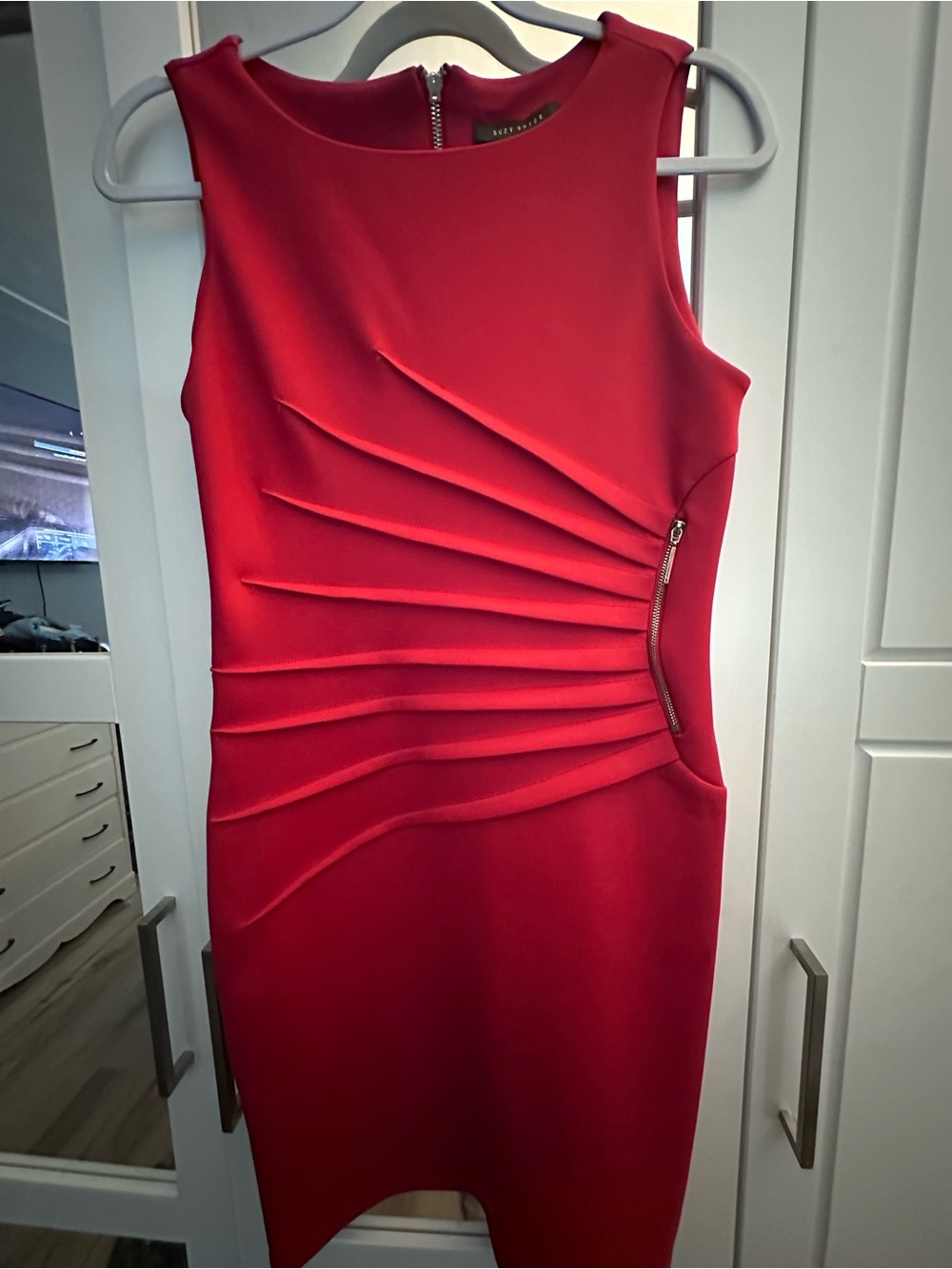 Suzy Shier Red Sculpted Pleat Sheath Dress